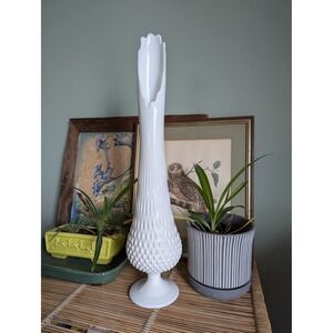 White Milk Glass Hobnail Tall Swung Vase Art Glass